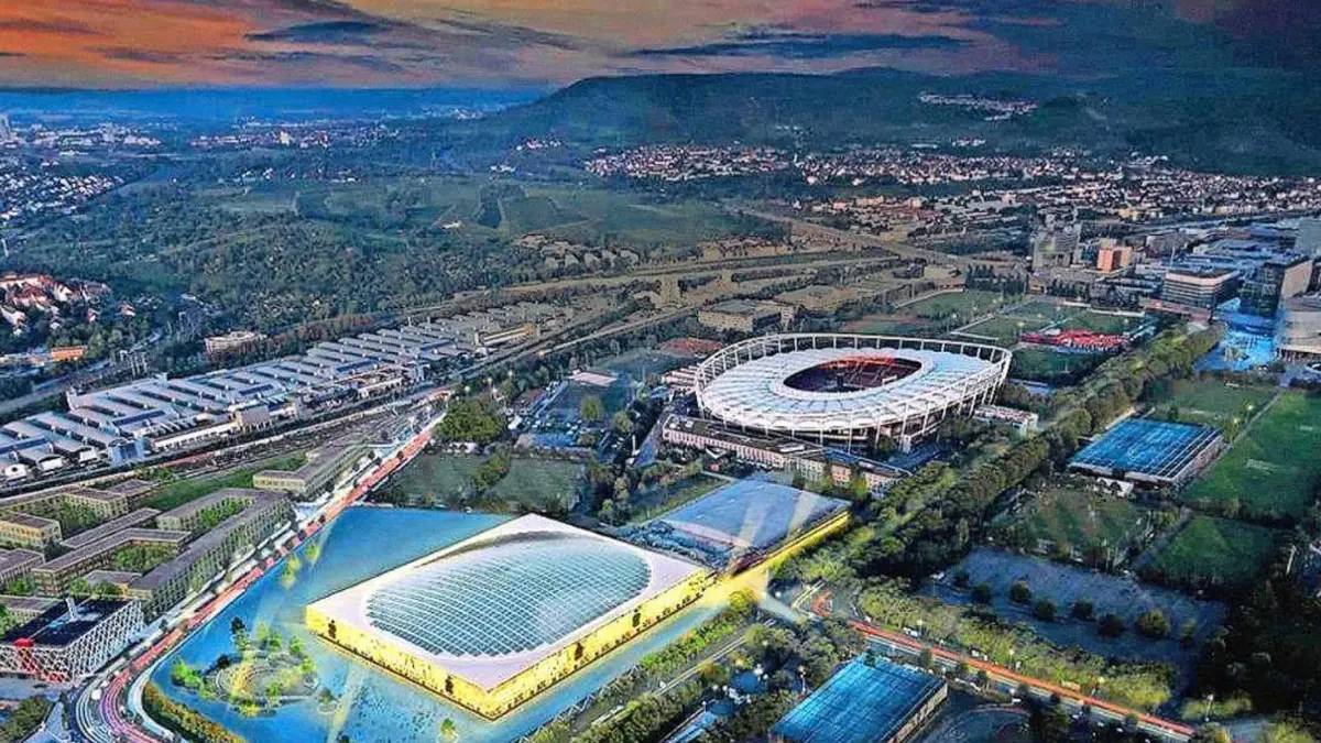 Die neue Arena (unterer Bildrand) soll die Schleyerhalle mittelfristig ersetzen.