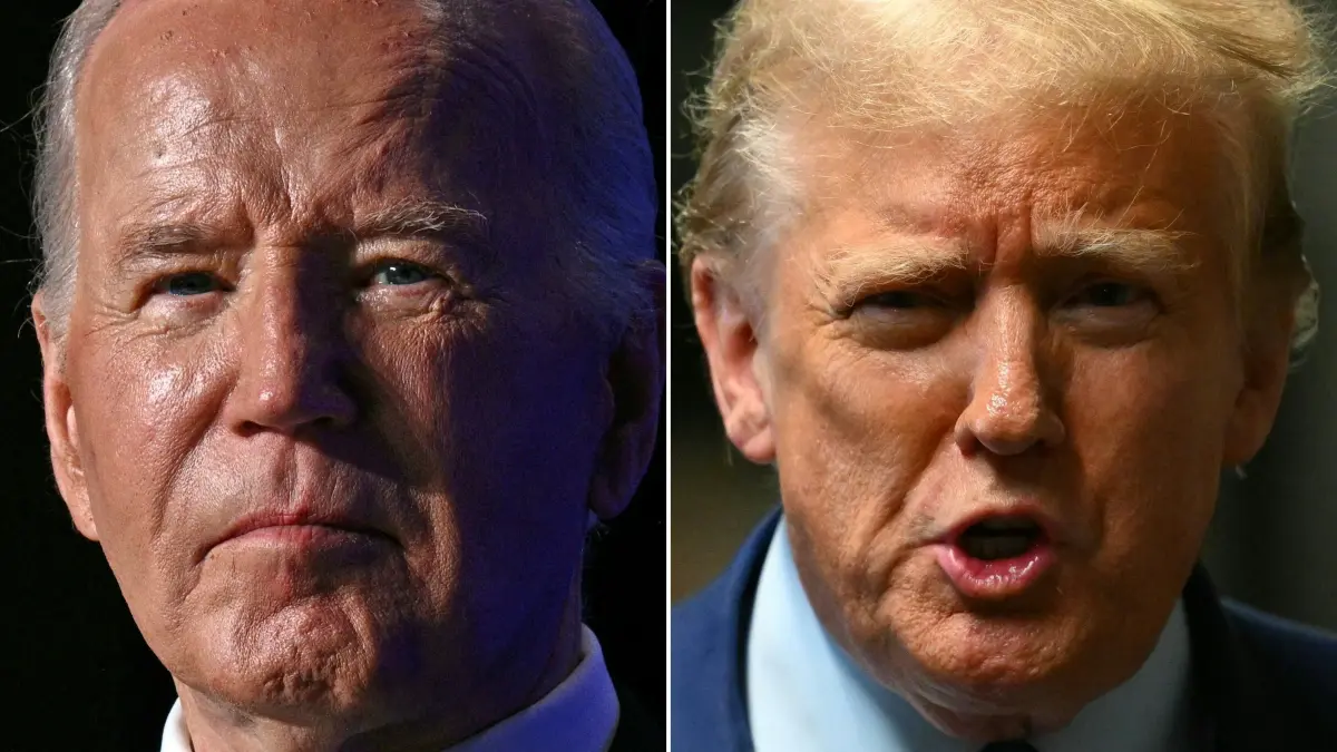 (COMBO) This combination of pictures created on May 15, 2024 shows US President Joe Biden attending the White House Correspondents' Association (WHCA) dinner at the Washington Hilton, in Washington, DC, on April 27, 2024 and former US President Donald Trump speaking to the press at the end of the day of his trial for allegedly covering up hush money payments linked to extramarital affairs, at Manhattan Criminal Court in New York City, on May 9, 2024. US President Biden challenged Trump on May 15, 2024, to "make my day" and hold two televised debates in June and September, with his Republican rival swiftly accepting. (Photo by Brendan SMIALOWSKI and ANGELA WEISS / various sources / AFP)