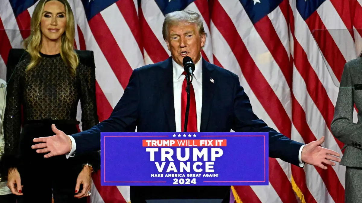 Former US President and Republican presidential candidate Donald Trump speaks during an election night event at the West Palm Beach Convention Center in West Palm Beach, Florida, on November 6, 2024. Donald Trump claimed victory and pledged to "heal" the country on November 6, 2024 as results put him on the verge of beating Kamala Harris in a stunning White House comeback. (Photo by Jim WATSON / AFP)
