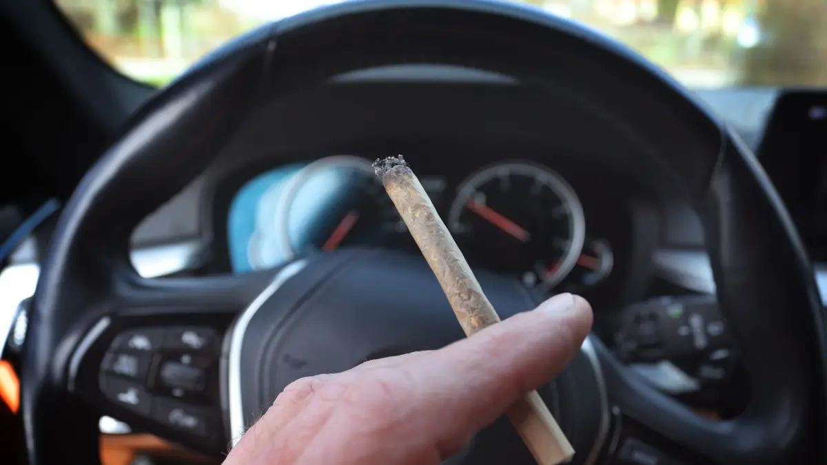 Drogentest nach Führerscheinprüfung positiv - Lappen futsch: ILLUSTRATION - 20.03.2024, Bayern, Kaufbeuren: Ein Mann sitzt mit einem Joint zwischen den Fingern am Steuer eines Autos. Die Freude über die bestandene Führerscheinprüfung hat für einen jungen Mann in Frankreich nur äußerst kurz gedauert. Denn ein Test auf den Konsum von Cannabis an der Prüfstelle in Gonesse bei Paris schlug positiv an (zu dpa: «Drogentest nach Fahrprüfung positiv - Lappen futsch») Foto: Karl-Josef Hildenbrand/dpa +++ dpa-Bildfunk +++