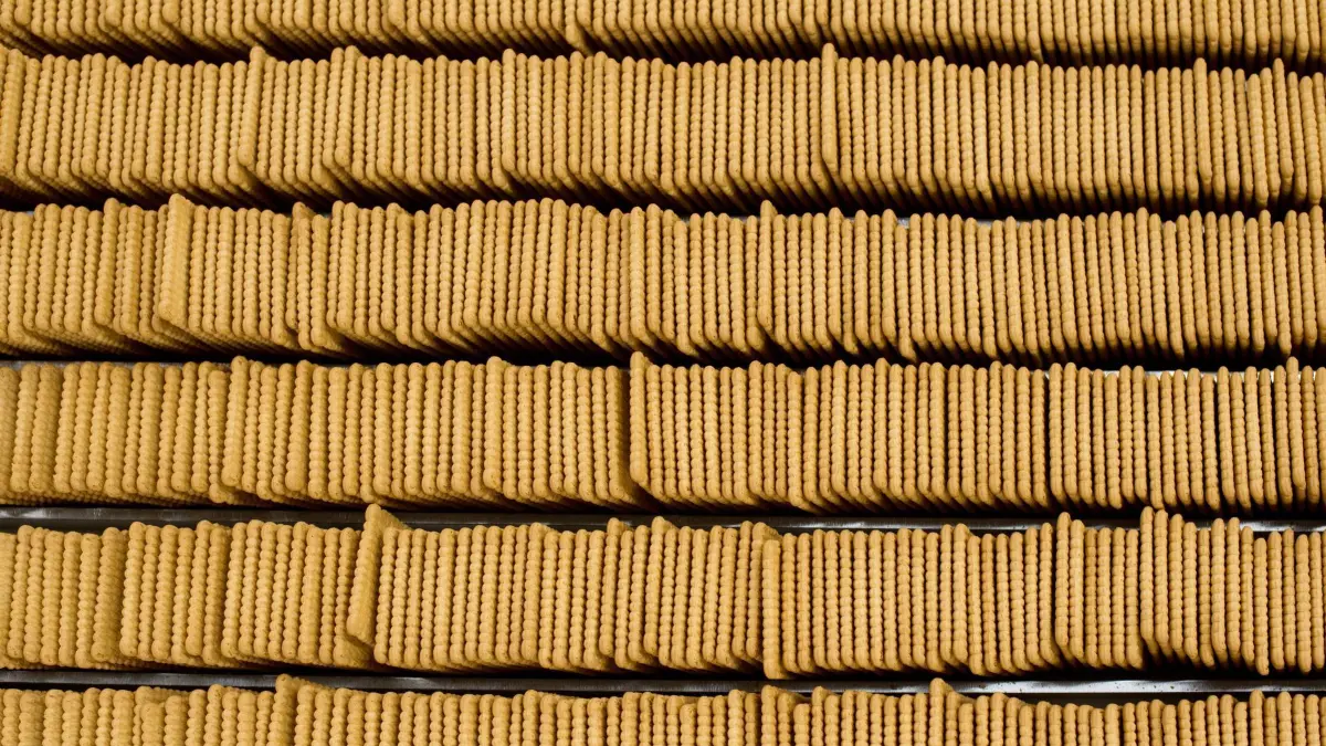 Butterkekse laufen über ein Fließband: ARCHIV - Testsieger im Fokus: Acht Produkte konnten im Test überzeugen, wobei sowohl Bio- als auch konventionelle Kekse vertreten sind. (zu dpa: «Butterkekse: Acrylamid oder Pestizid in jeder zweiten Probe») Foto: Julian Stratenschulte/dpa - Honorarfrei nur für Bezieher des dpa-Themendienstes +++ dpa-Themendienst +++