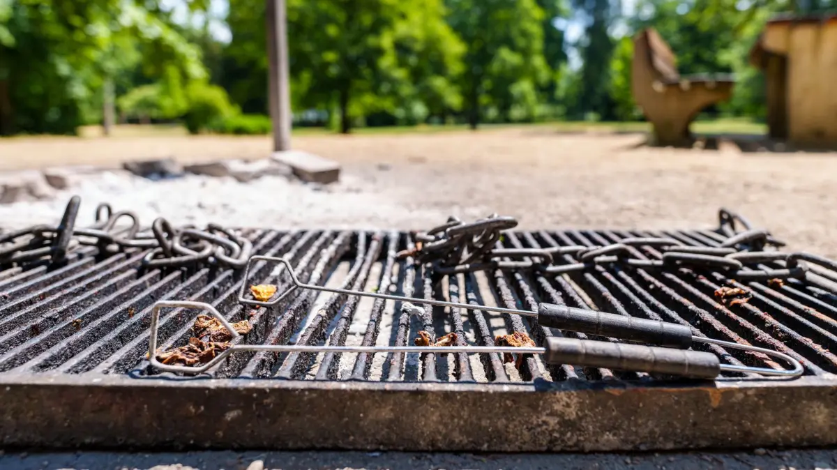 Grillverbot in Wiesbaden: ARCHIV - 16.06.2023, Hessen, Wiesbaden: Ein Grillrost mit Grillzange liegt auf dem Grillplatz «Alter Friedhof» in Wiesbaden auf dem Boden. (zu dpa: «Brandschutz statt Bratwurst - Grillverbot greift mancherorts») Foto: Andreas Arnold/dpa +++ dpa-Bildfunk +++