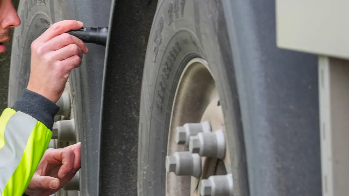 Der Polizeiobermeister Norman Chimschak prüft auf dem Parkplatz Rosskower Heide an der Autobahn A 24 den technischen Zustand eines LKW beziehungsweise das Profil der Reifen. Neben der Abstandsmessung von fahrenden Lastwagen wurden während eines bundesweiten Kontrolltages auch technische Einstellungen und der Zustand des Fahrzeuges überprüft. (zu dpa: «Bilanz zu Kontrolltagen: Polizei registriert knapp 700 Verstöße») +++ dpa-Bildfunk +++