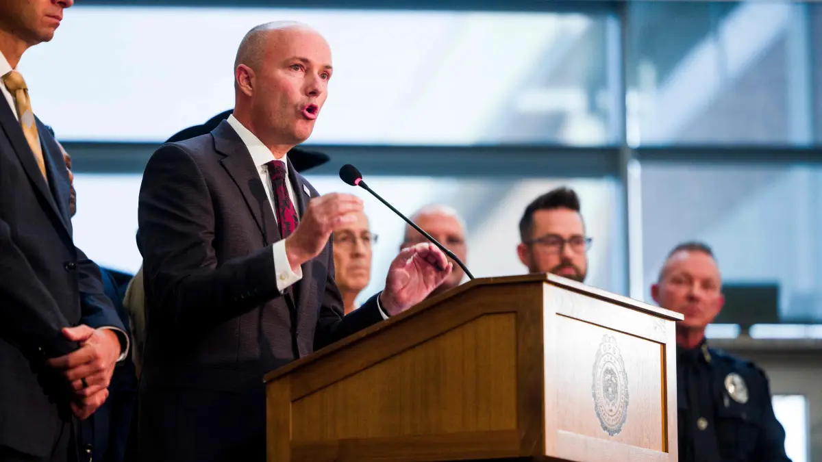 Political Activist Charlie Kirk Shot Dead At Utah Valley University: OREM, UTAH - SEPTEMBER 12: Utah Gov. Spencer Cox speaks at a press conference flanked by FBI director Kash Patel following the fatal shooting of political activist Charlie Kirk during an event at Utah Valley University on September 12, 2025 in Orem, Utah. Authorities announced that the suspect who shot and killed Kirk while he was speaking at an event for his "American Comeback Tour" has been apprehended and is in police custody. Michael Ciaglo/Getty Images/AFP (Photo by Michael Ciaglo / GETTY IMAGES NORTH AMERICA / Getty Images via AFP)