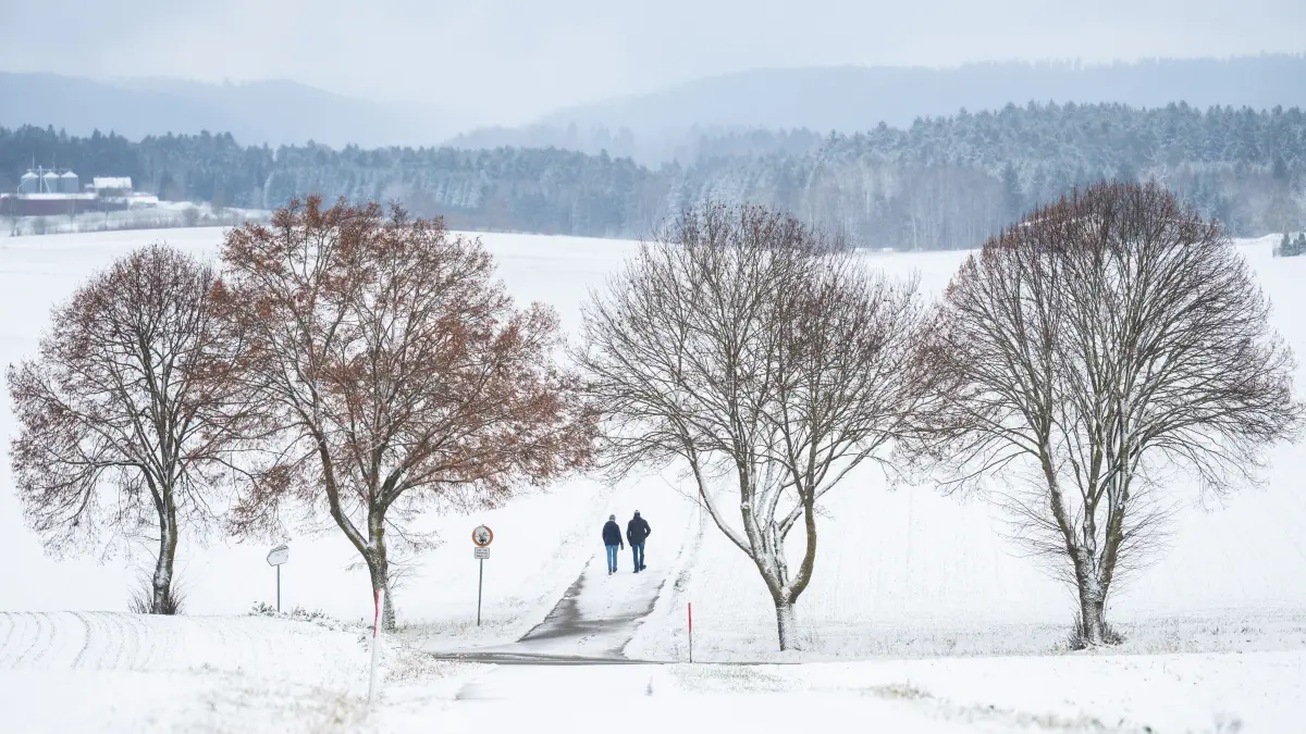 Eine Frau und ein Mann gehen auf einem zugeschneiten Weg bei Bösingen (Landkreis Rottweil) spazieren. Im Schwarzwald werden bis zu 20 Zentimeter Neuschnee erwartet. +++ dpa-Bildfunk +++