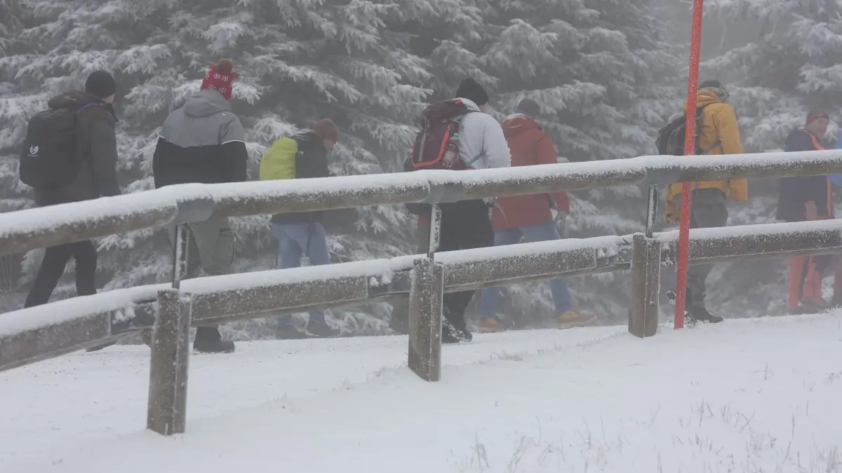 Wanderer gehen auf der Brockenstraße durch eine winterliche Landschaft. In den höheren Lagen des Harzes ist es winterlich geworden. +++ dpa-Bildfunk +++