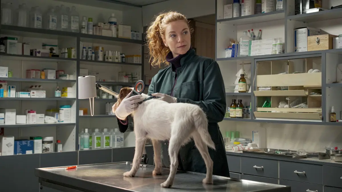 Während Jule Christiansen (Marleen Lohse) den Hund untersucht, rennt das Mädchen, das ihn bracht, einfach davon.