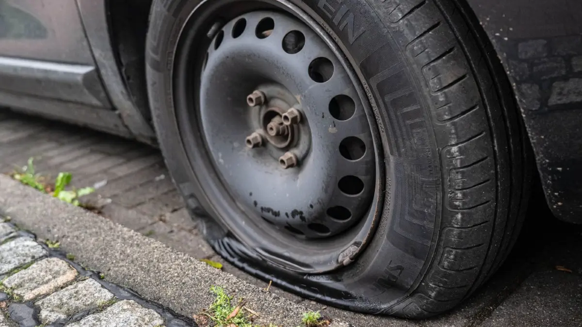 Unbekannte zerstechen Reifen: ARCHIV - 18.09.2025, Bremen: Ein Auto mit plattem Reifen steht im Ortsteil Tenever. Reifen von mehr als 260 Autos sind in den vergangenen drei Nächten in Bremen zerstochen worden. Die Polizei hat eine Sonderkommission «Reifenstecher» eingerichtet. (zu dpa: «37-Jähriger schlägt mit Holzlatte auf parkende Autos ein») Foto: Sina Schuldt/dpa +++ dpa-Bildfunk +++