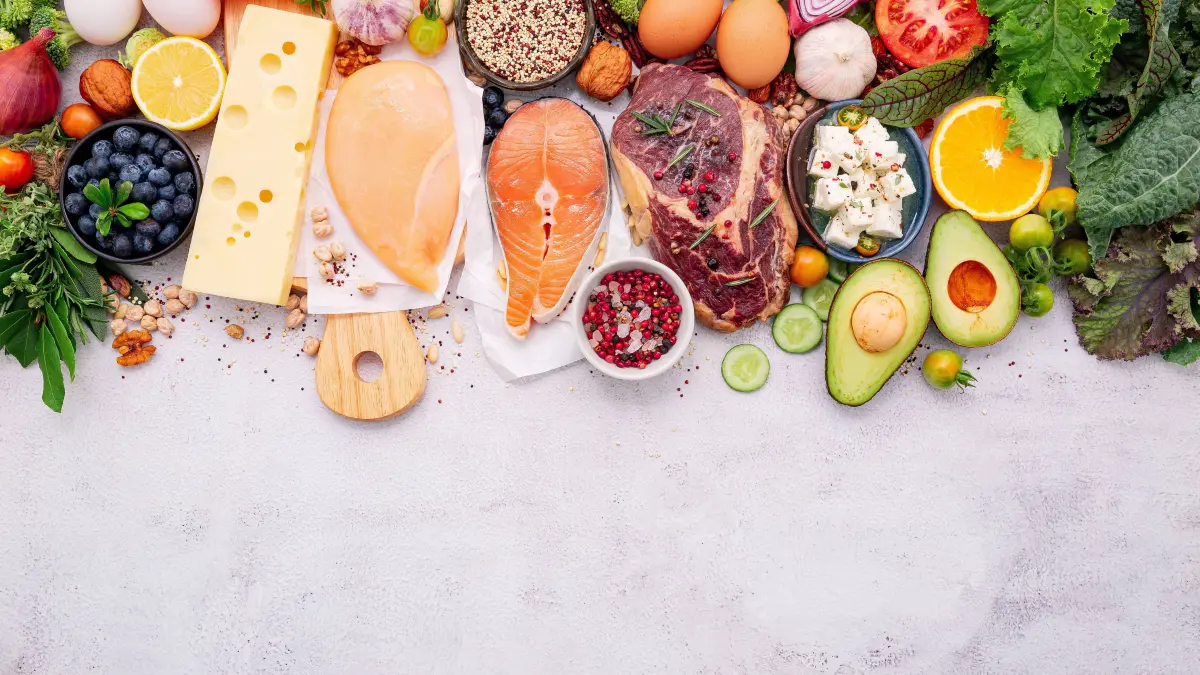 Ketogenic low carbs diet concept. Ingredients for healthy foods selection set up on white concrete background. Copyrigh: Ketogenic low carbs diet concept. Ingredients for healthy foods selection set up on white concrete background. Copyright: xx 36708462