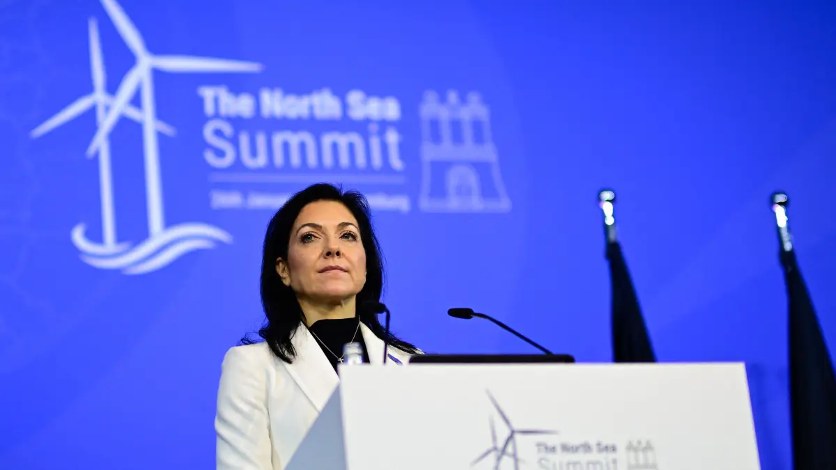 German Economy and Energy Minister Katherina Reiche addresses a press conference during the North Sea Summit on January 26, 2026 in Hamburg, northern Germany. European leaders meet to discuss North Sea energy and security cooperation, but fears over US designs on the Arctic island of Greenland may overshadow the talks. The region has long worried about threats posed by Russia -- but more recently tensions have surged over US President Donald Trump's push for the autonomous territory of Denmark. (Photo by Tobias SCHWARZ / AFP)