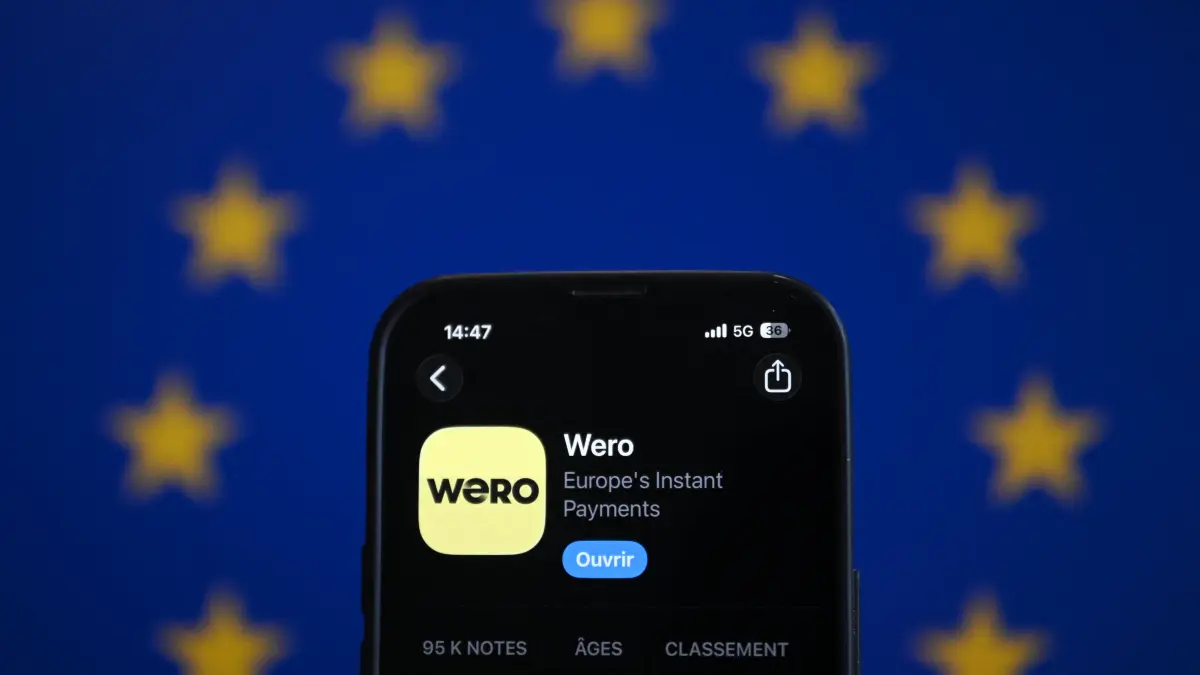 This illustration photograph taken on February 4, 2026 shows the logo of European paiement mobile system 'Wero' displayed on a smartphone, in Brussels on February 4, 2026. (Photo by Nicolas TUCAT / AFP)