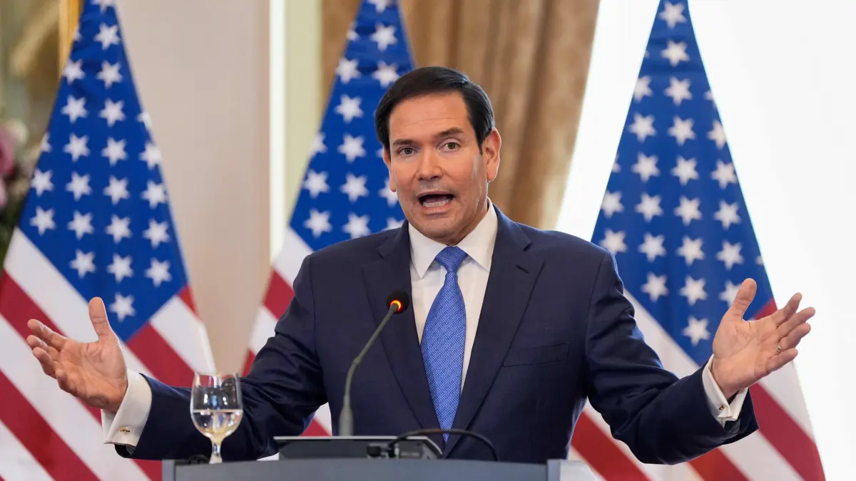 US Secretary of State Marco Rubio speaks during a joint news conference with Slovakia's Prime Minister in Bratislava, Slovakia, on February 15, 2026. (Photo by Alex Brandon / POOL / AFP)