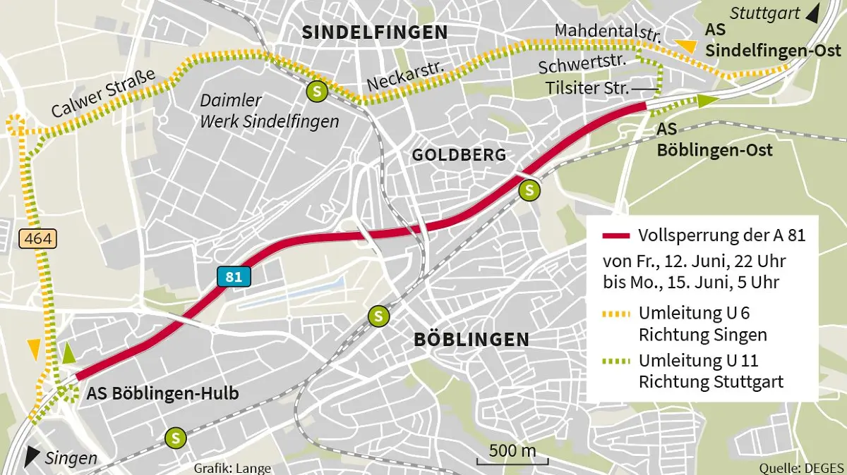 Sperrung der A81 und Umleitung über Sindelfingen