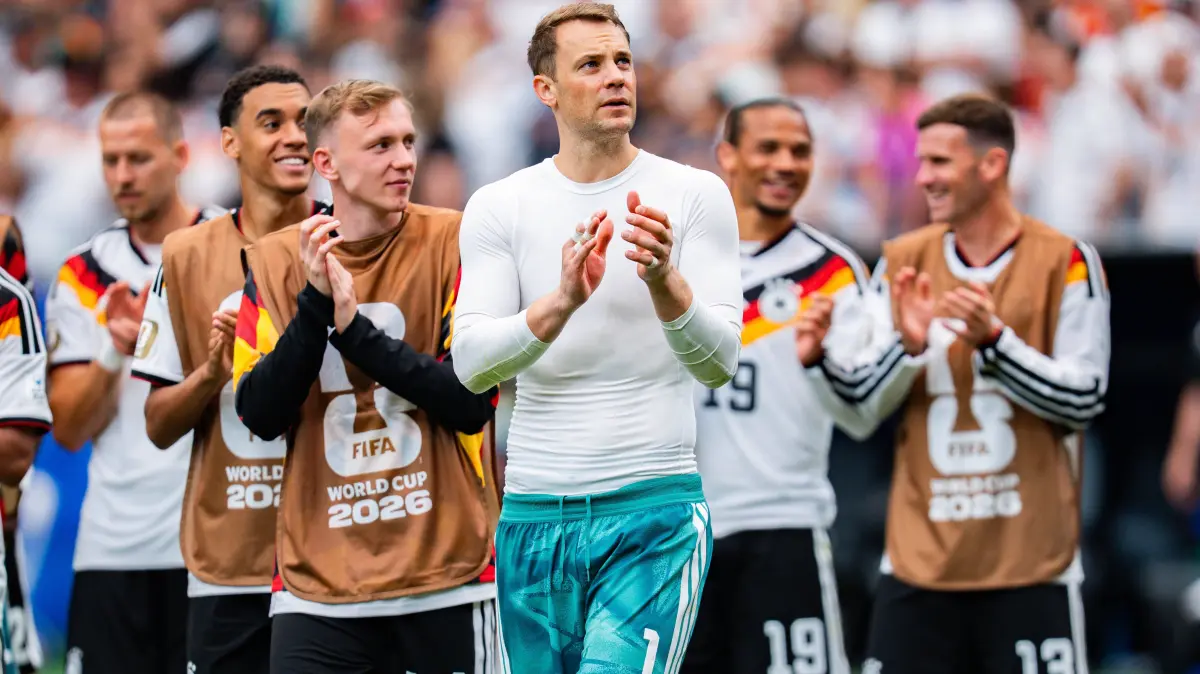 FIFA Fussball Weltmeisterschaft 2026, Gruppe E, Spiel 1, Deutschland vs. Curacao, 14.06.2026 im NRG Stadium in Houston, Texas: FIFA Fussball Weltmeisterschaft 2026, Gruppe E, Spiel 1, Deutschland vs. Curacao, 14.06.2026 im NRG Stadium in Houston, Texas Jubel nach Abpfiff bei Nathaniel Brown Nico Schlotterbeck David Raum Florian Wirtz Joshua Kimmich Manuel Neuer Jamal Musiala Maximilian Beier *** FIFA World Cup 2026, Group E, Match 1, Germany vs Curacao, 14 06 2026 at NRG Stadium in Houston, Texas Nathaniel Brown Nico Schlotterbeck David Raum Florian Wirtz Joshua Kimmich Manuel Neuer Jamal Musiala Maximilian Beier cheering after the final whistle Copyright: xBahhoxKarax
