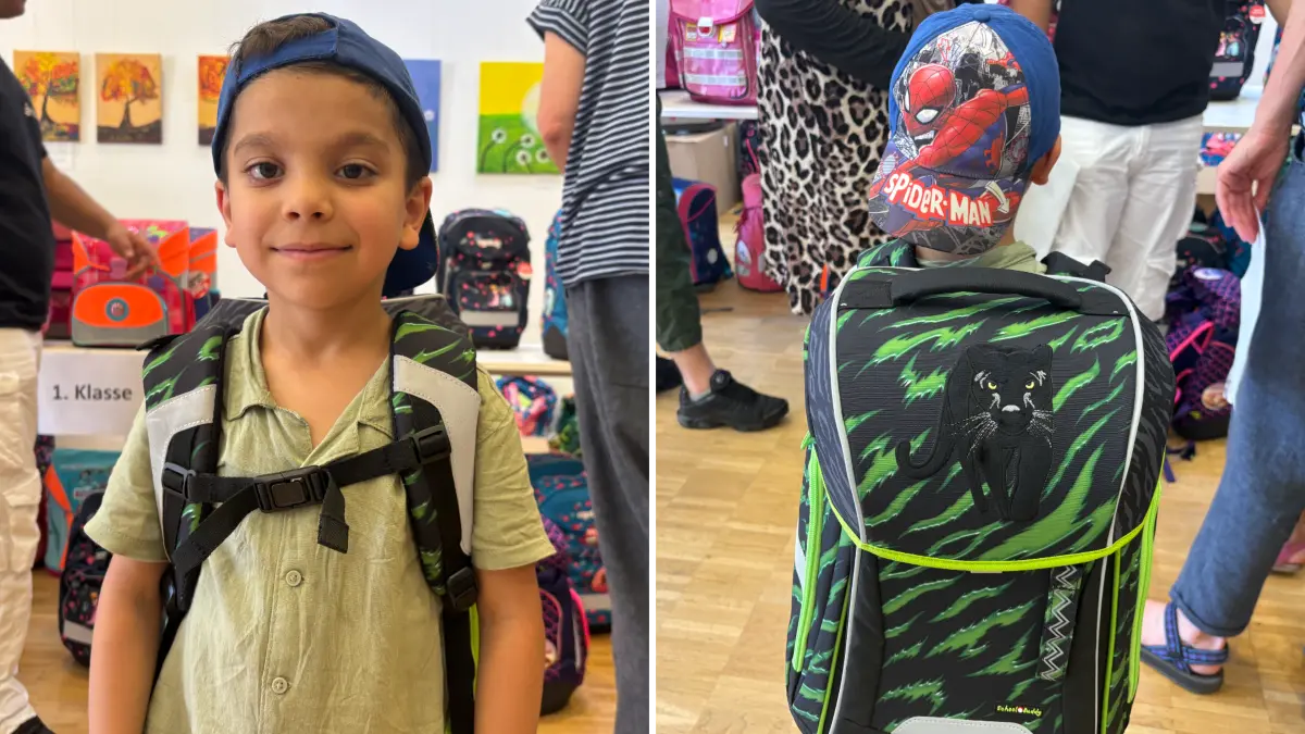 Mohamed (6 Jahre) konnte sich bei der Schulranzen-Aktion einen Rucksack mit seinem Lieblingstier sichern.