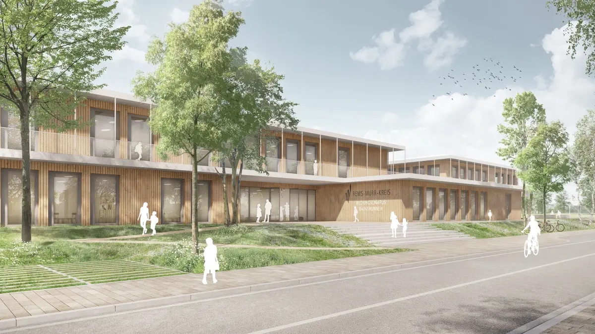 So könnte der neue Bildungscampus Rainbrunnen in Schorndorf aussehen.