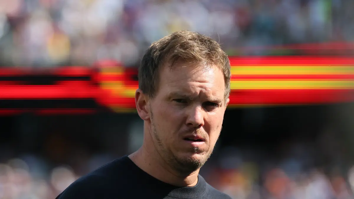 -: (FILES) Germany's head coach Julian Nagelsmann looks on ahead of the 2026 World Cup round of 32 football match between Germany and Paraguay at the Boston Stadium in Foxborough on June 29, 2026. Julian Nagelsmann is reportedly set to be sacked as Germany coach, tabloid Bild reported July 2, 2026, with former Liverpool manager Jurgen Klopp the favourite to take over in the dugout. (Photo by Odd ANDERSEN / AFP)