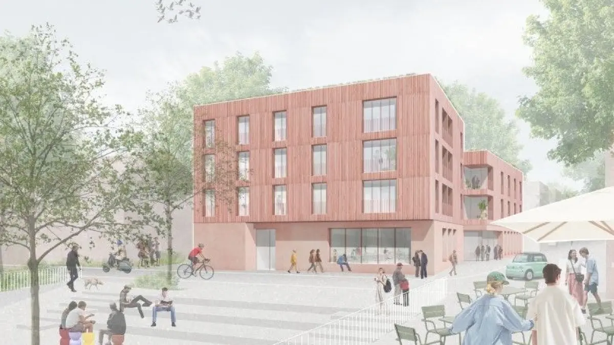 Gewinnerentwurf für das Krone-Areal in Filderstadt-Bernhausen. Entwurf stammt von Günter Hermann Architekten Stuttgart und Schuler und Winz Landschaftsarchitekten Balingen. Perspektive auf den neuen Gebäudekomplex