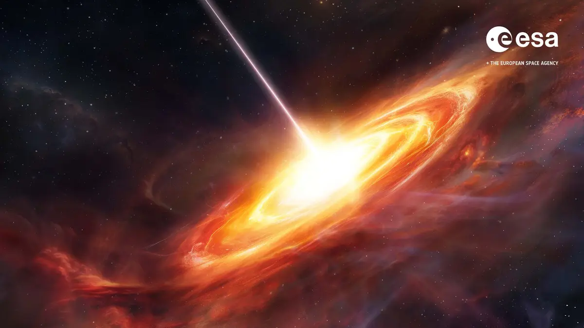 Illustration eines Quasars: Eine rot-orange leuchtende Materiescheibe strömt spiralförmig in ein supermassereiches Schwarzes Loch. Ein schmaler Materiestrahl tritt aus dem Zentrum aus. Quasare gehören zu den hellsten Objekten im Universum.