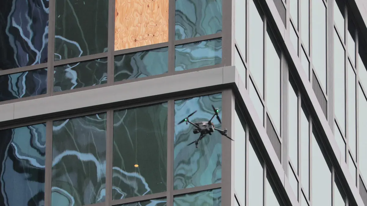 Midtown Manhattan Building Evacuated After Supporting Columns Buckle Inside: NEW YORK, NEW YORK - JULY 07: A drone flies next to the former Pfizer headquarters building on July 07, 2026 in New York City. Construction workers working on the former pharmaceutical company building, a high-profile housing project, were evacuated after it was determined that it was at risk of collapse. According to Buildings Department records, a safety manager reported that a steel beam was compromised on the 21st floor and the Fire Department said that two support columns inside the building were buckling, and several upper floors were sagging. The project, which architects said would be the largest of its kind in New York City history, was scheduled to be completed in 2027. Michael M. Santiago/Getty Images/AFP (Photo by Michael M. Santiago / GETTY IMAGES NORTH AMERICA / Getty Images via AFP)