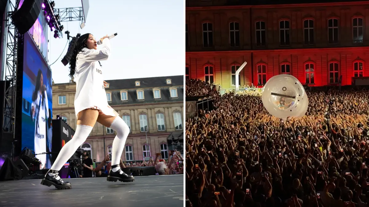 US-Popstar Katy Perry begeisterte am Mittwochabend mit einem fulminanten Bühnenauftritt inklusive Crowdsurfing in einer überdimensionalen Plastikflasche (re.) - auch die prominenten Gäste.