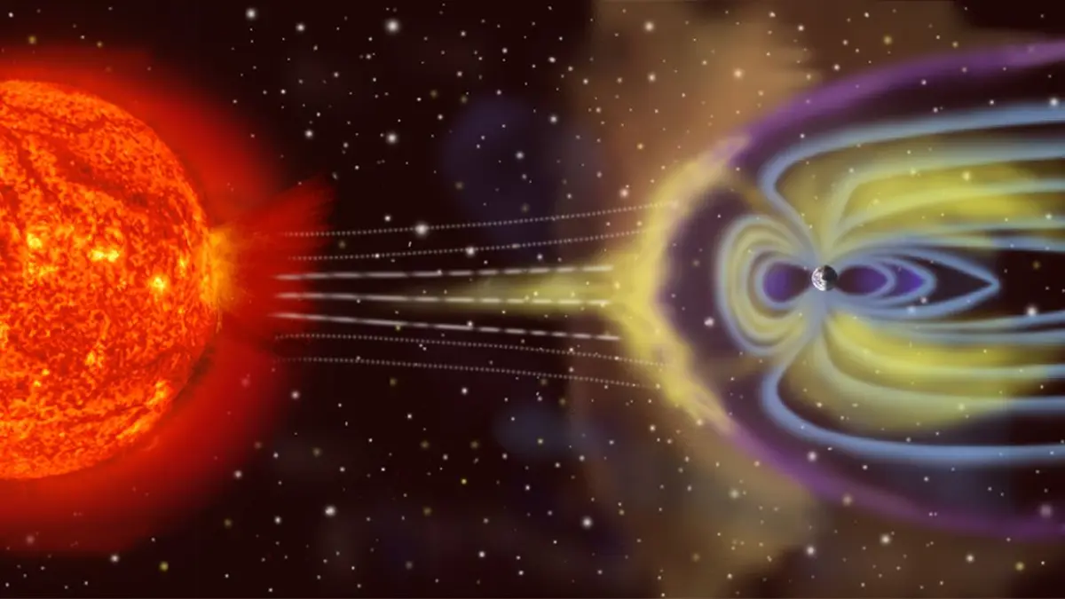 Die Magnetosphäre schirmt die Erdoberfläche gegen die geladenen Partikel des Sonnenwindes ab
