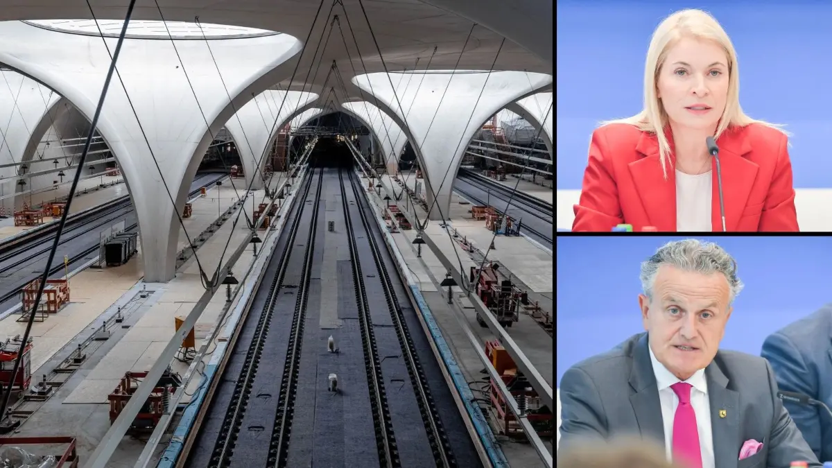 Stuttgart 21 Bildcollage zeigt den Durchgangsbahnhof mit seinen Kelchstützen und Bahnchefin Evelyn Palla sowie Stuttgarts OB Frank Nopper