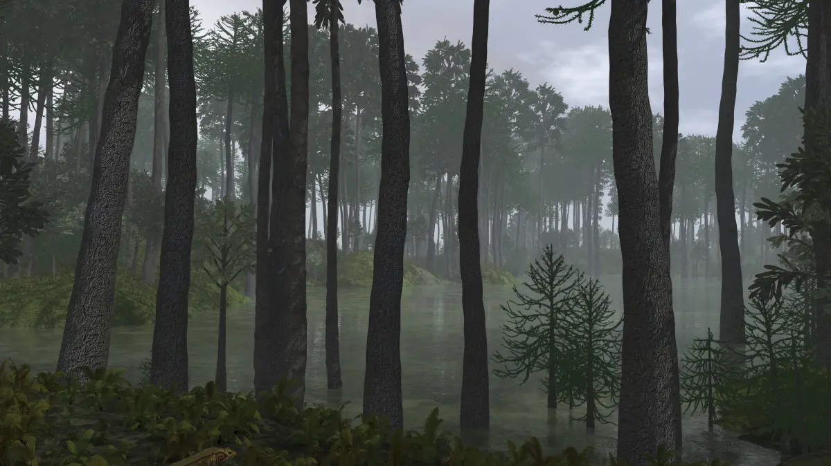 Cordaites und Araucaria in einem Regenwald des späten Perm.