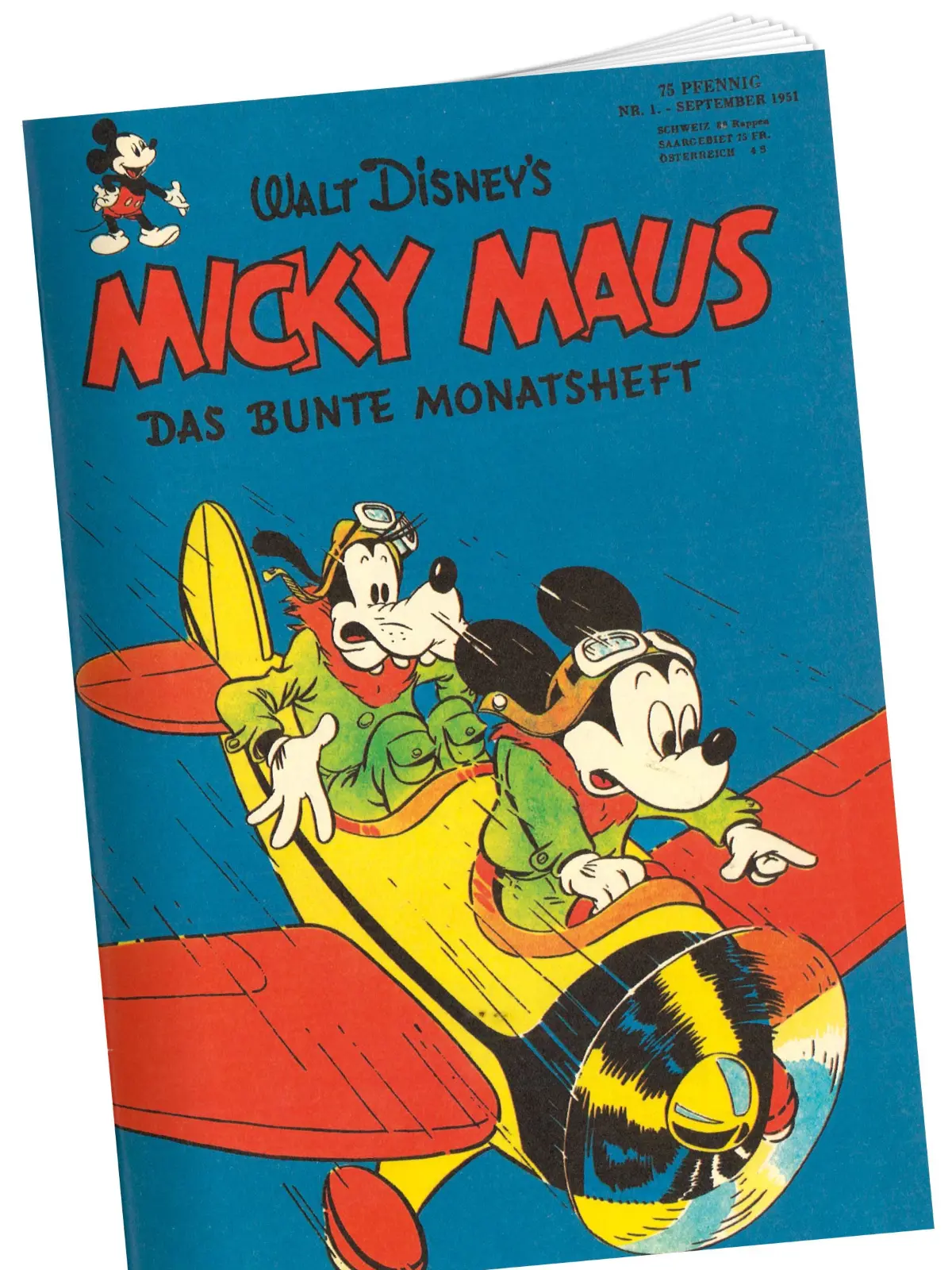 HANDOUT - 24.08.2021, ---, --: Das Cover der ersten «Micky Maus» Ausgabe aus dem Jahr 1951 (undatierte Aufnahme). Hunderttausende Sprechblasen voller Spaß, Spannung und Abenteuer: Das «Micky Maus»-Heft gibt es jetzt seit genau 70 Jahren in Deutschland. Am 29. August 1951 hatten Comicfreunde in der Bundesrepublik zum ersten Mal ein Heft mit dem tapferen Helden aus Entenhausen in der Hand. (zu dpa: ««Seufz», «Quietsch», «Freu» - 70 Jahre «Micky Maus» in Deutschland») Foto: --/Egmont Ehapa Media Disney/dpa - ACHTUNG: Nur zur redaktionellen Verwendung im Zusammenhang mit einer Berichterstattung über das 70. Jubiläum das ·Micky Maus-Magazin· und nur mit vollständiger Nennung des vorstehenden Credits. Honorarfreie Nutzung von 12.08.2021 bis 30.09.2021. +++ dpa-Bildfunk +++