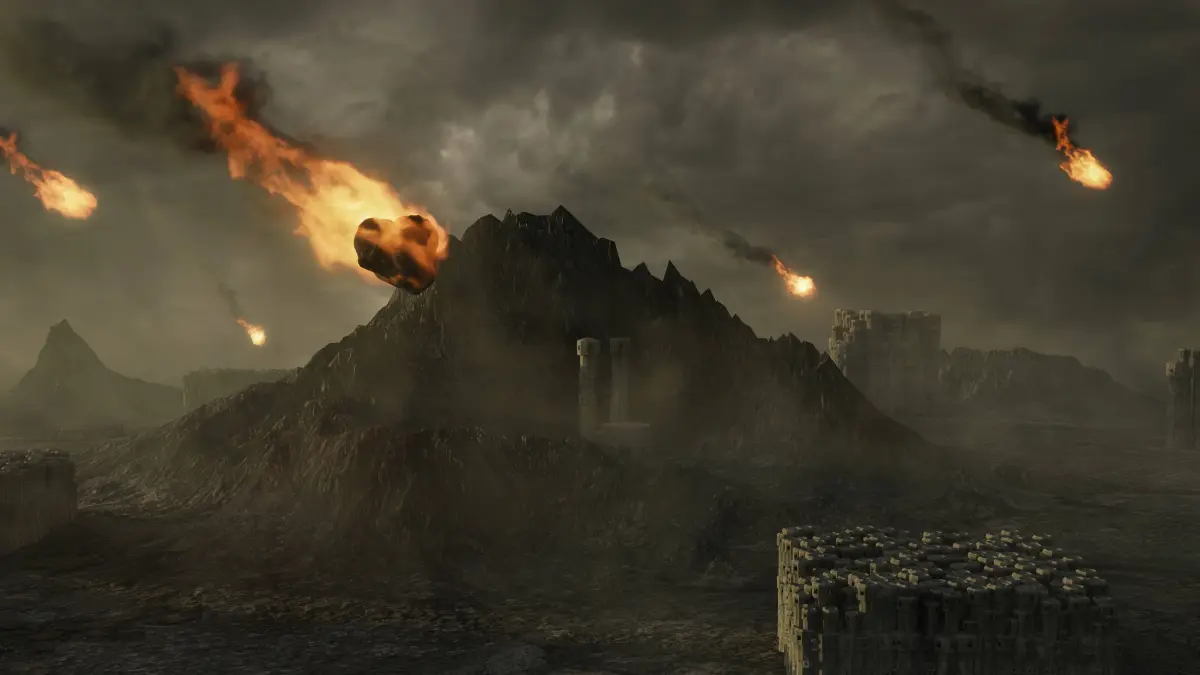 Fallenden Feuerkugeln in einer dystopischen Landschaft.