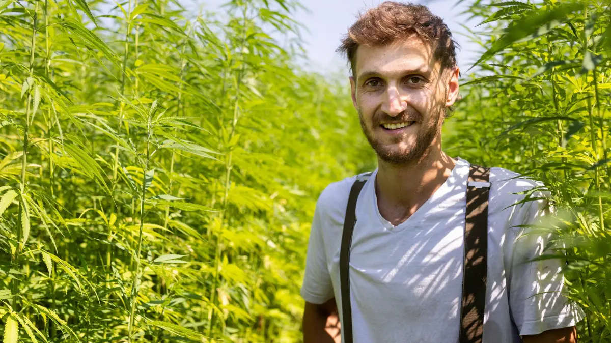 Landwirt Till Brodbeck: Stuttgart, Baden-Württemberg, 16.07.2026:
Landwirt Till Brodbeck auf seinem Hof in Stuttgart-Möhringen
Im Bild: Till Brodbeck auf seinem Hanffeld
Notiz: No model release. Kein Einverständnis für Werbung, keine Weitergabe an Dritte.