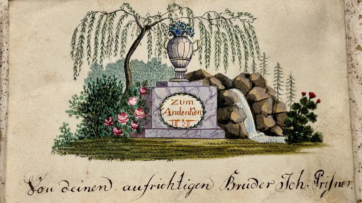 Alba Amicorum, Freundschaftsaltar, von Johann Prißner, typische Symbolik, 19. Jahrhundert