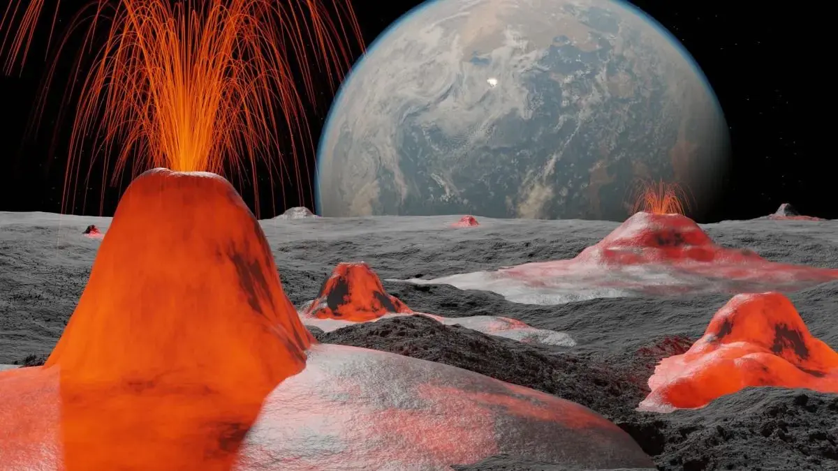 Wenige hundert Millionen Jahre nach seiner Entstehung war der Mond heftiger vulkanischer Aktivität. Der Abstand zwischen Erde und Mond war damals deutlich kleiner als heute.