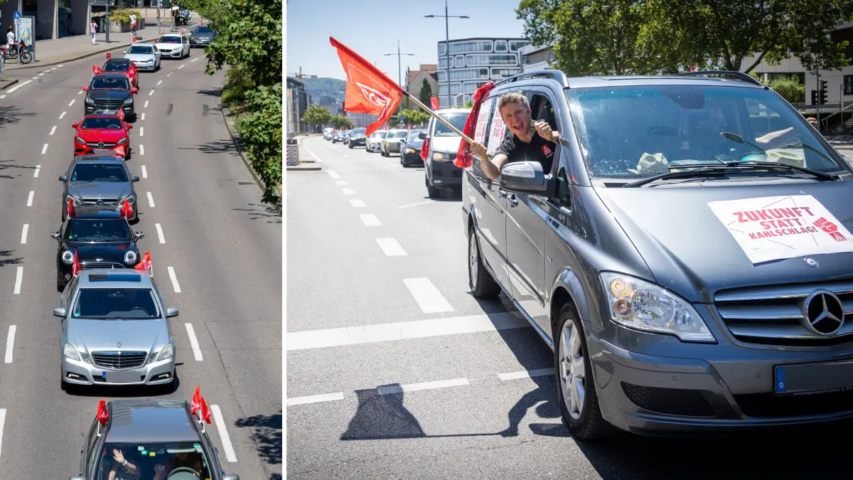 Der Autokorso der IG Metall: Rund 200 Autos fuhren vom Fernsehturm einmal durch die Innenstadt und wieder zurück.