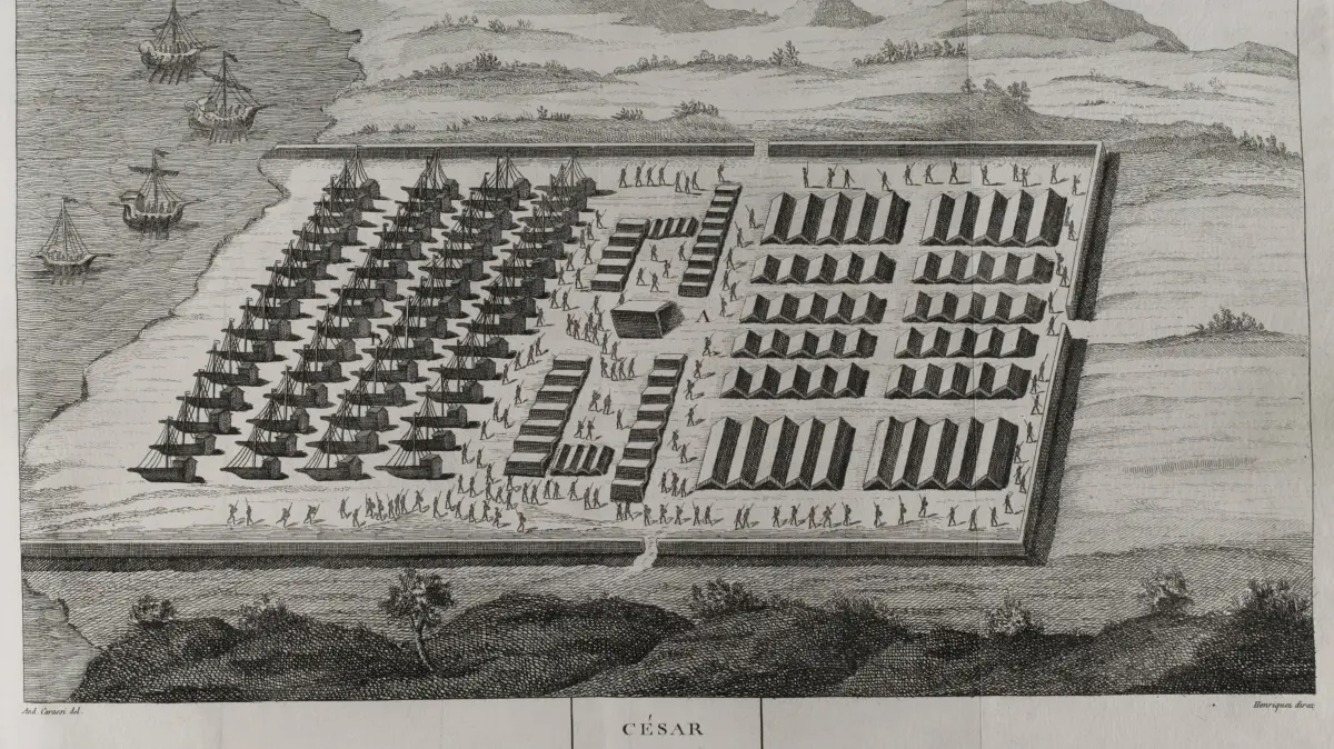 Plan eines römischen Militärlagers aus der Zeit des Britannien-Feldzugs von Julius Cäsar aus dem Jahr 54 v. Chr. (Kupferstich von 1785).