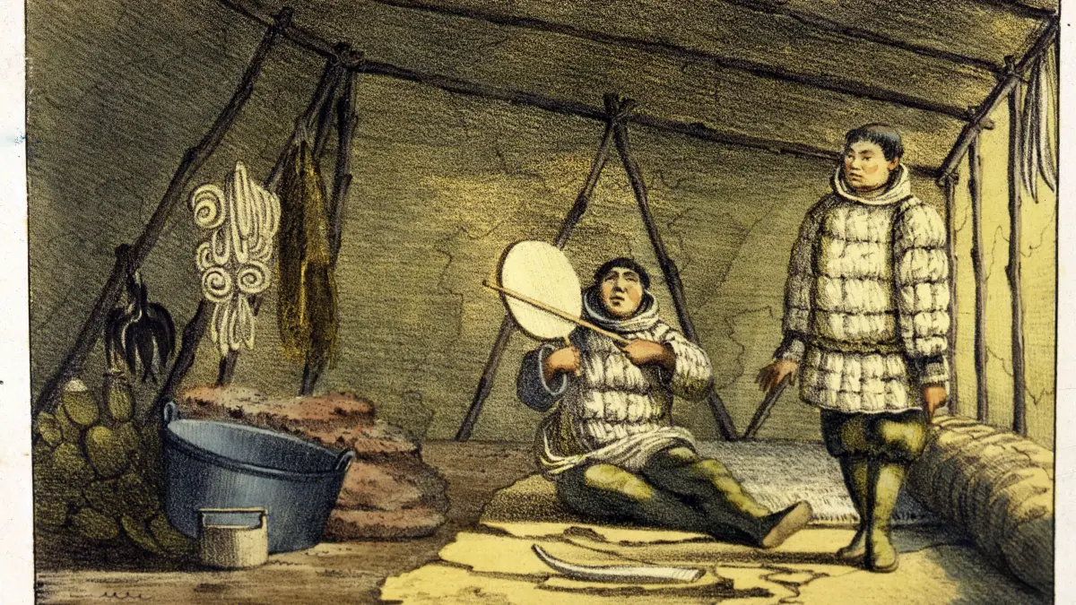 Ureinwohner am St. Lorenzstrom in Kanada, gezeichnet von Otto Kotzebue, um 1822.