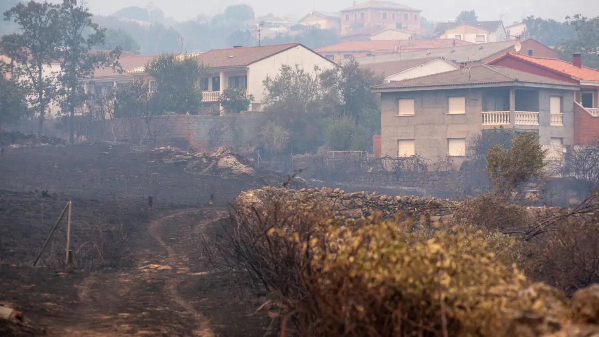 Waldbrände in Spanien: 24.07.2026, Spanien, Ávila: Häuser stehen im Rauch nach einem Waldbrand in El Tiemblo. Die Stadtverwaltung von Ávila hat eine Hilfsaktion für die aus El Tiemblo evakuierten Menschen gestartet. Foto: Gabri Solera/EUROPA PRESS/dpa +++ dpa-Bildfunk +++