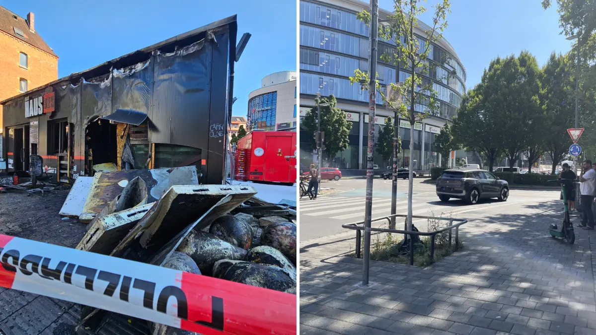 Der durch den Brand entstandene Schaden ist hoch - Betreiber, Passanten und Anwohner, die sich die Brandstelle am Freitagmorgen vom Straßenrand aus ansehen (re.) sind geschockt.