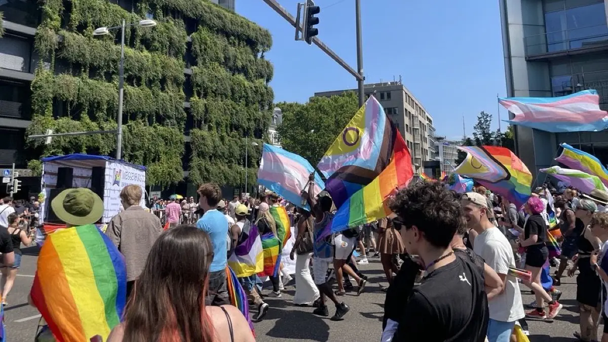 Zahlreiche Gruppen ziehen mit Bannern, Wagen und Kostümen bei der Demonstration mit.