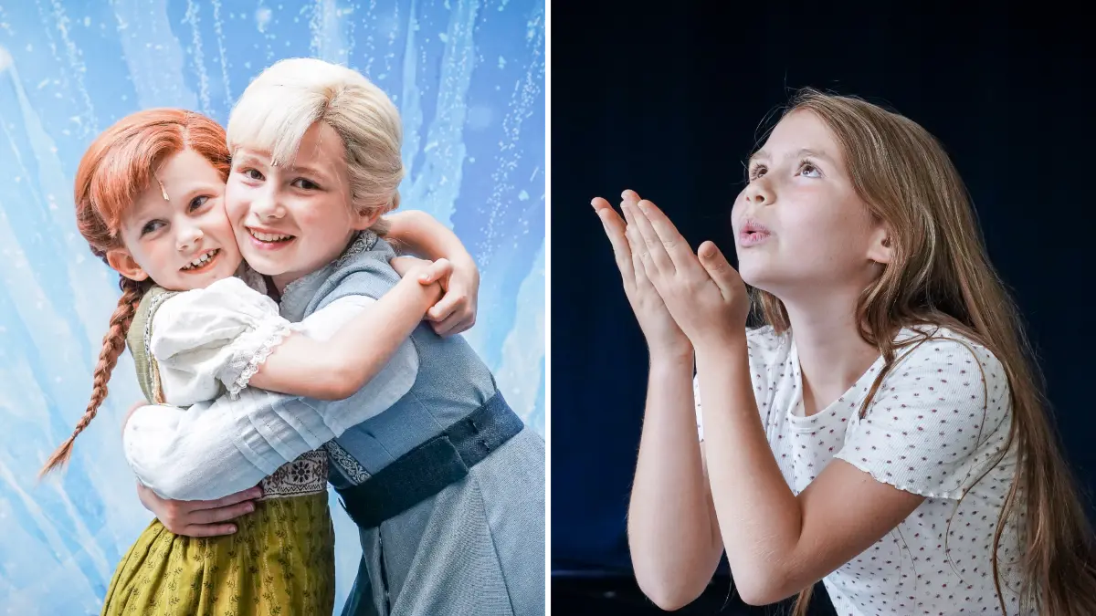 Blick hinter die Kulissen mit Kindern Luise, die junge Elsa im DIE EISKÖNIGIN, und Bühnenpartnerin Mia-Maria, beim Warm-up sowie in der Maske Vorbereitung, im Stage Apollo Theater Stuttgart: Blick hinter die Kulissen mit Kindern Luise, die junge Elsa im DIE EISKÖNIGIN, und Bühnenpartnerin Mia-Maria, beim Warm-up sowie in der Maske Vorbereitung, im Stage Apollo Theater Stuttgart
