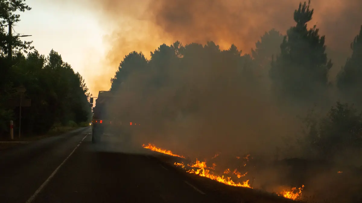 Wildfires in France Drive 250,000 People from Their Homes - Gironde A French fire engine drives through thick smoke as flames burn along the roadside during the Lège-Cap-Ferret wildfire in Gironde, France on July 24, 2026. Firefighters advance through hazardous conditions while the wildfire continues to spread through dry vegetation beside the road. A raging wildfire in southwest France forced the evacuation of 55,000 people overnight Sunday, taking the total forced out of their homes to 220,000 in one region alone as the flames have crept ever closer to the city of Bordeaux. Photo by Fabrice Sapte/ABACAPRESS.COM Lège-Cap-Ferret France PUBLICATIONxNOTxINxFRAxUK Copyright: xSaptexFabrice/ABACAx
