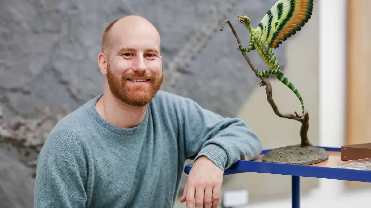 Paläontologe Stephan Spiekman neben seiner Saurier-Neuentdeckung im Juli 2025, dem „Mirasaura Grauvogeli“.