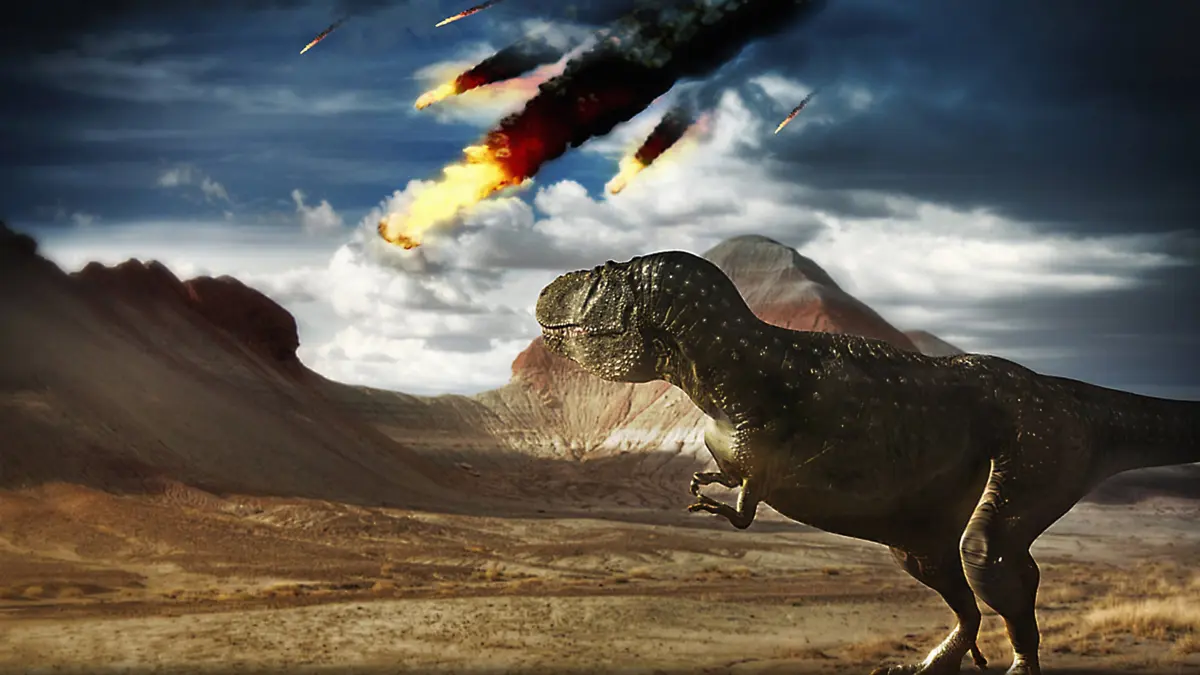 Sekunden vor dem Aufprall: Der Dinosaurier weiß noch nicht, dass er in den nächsten Sekunden nur noch Asche sein wird.