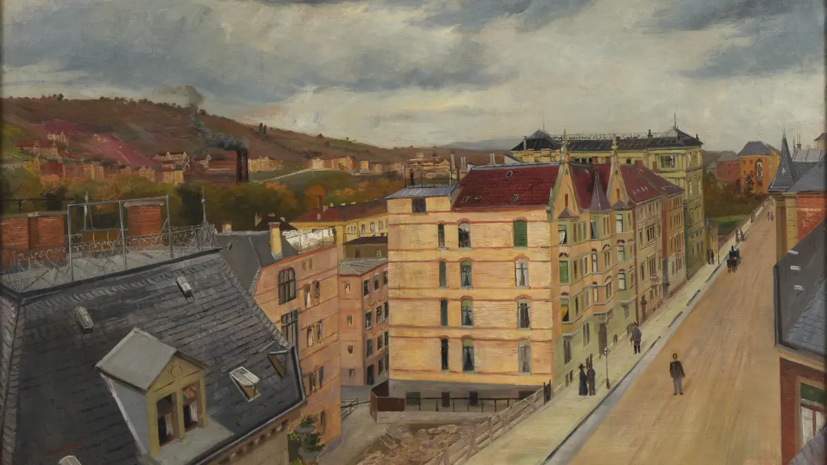 Vom Kriegsberg bis zur Urbanstraße, Teil des Stuttgart-Rundgemäldes von Sally Wiests.