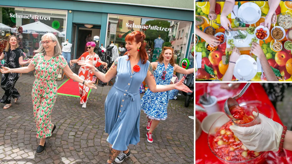Die Händler und Gastronomen in der Küferstraße planen die Aktion Mittsommer am 31. Juli und 1. August 2026. Immer wieder locken die Betriebe mit besonderen Aktionen wie dem Erdbeerfest. (Archivfotos)