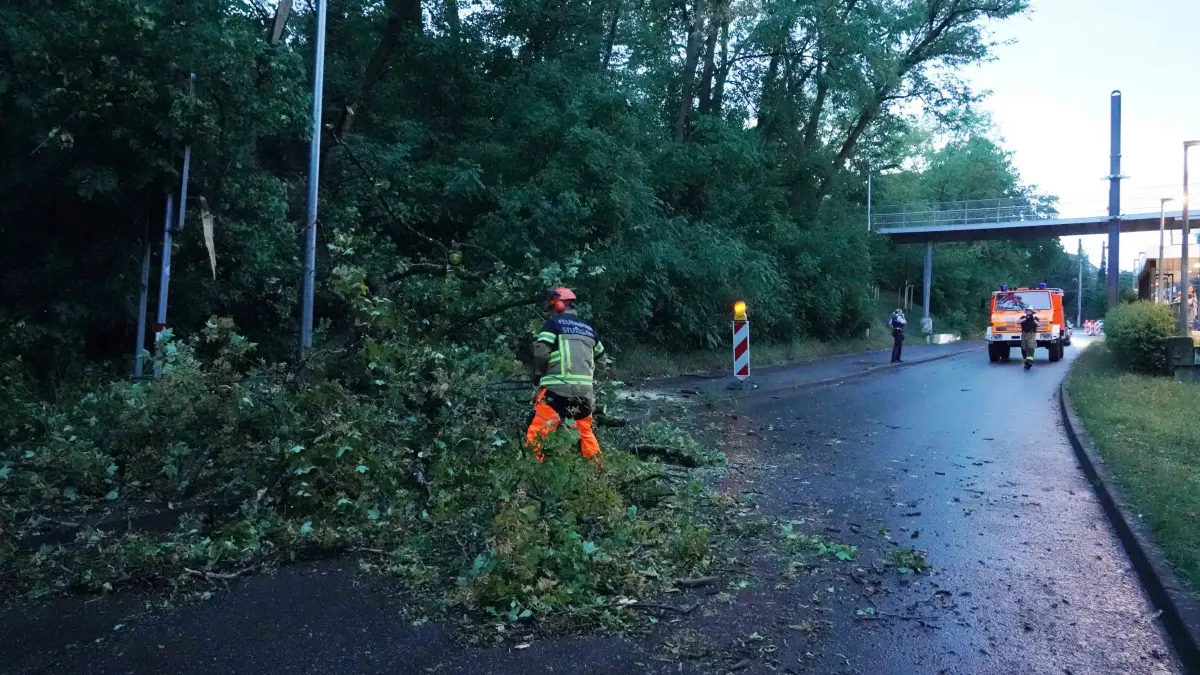 Stuttgart um 20.10 bis 21.00 Uhr ging ein schweres Unwetter nieder. Um 20.10 Uhr blitze ueber S-Feuerbach. In der Kaltentaler Abfahrt in vaihingen Baum ueber die Strasse. Am Birkenkopf 1 Meter teil die Strasse unterwasser gewesen die POlizei von Motororad Staffel haben den Gully mit der Hand frei bekommen. In der Moehringerstrasse ist Baum zamt Wurzel umgekippt. Die Feuerwehr hat viele Einsaetze. Foto Andreas Rosar Fotoagentur-Stuttgart 31.07.2026
