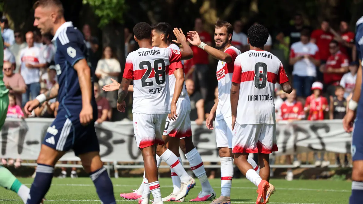 01.08.26 VfB Stuttgart - Paris FC: 01.08.26 VfB Stuttgart - Paris FC Deutschland, Stuttgart, 01.08.2026, Fussball, Bundesliga, Saison 2026/2027, Testspiel, VfB Stuttgart - Paris FC: Jovan Milosevic VfB Stuttgart Jubel Tor 2:0 Milosevic. *** August 1, 2026, VfB Stuttgart vs. Paris FC, Germany, Stuttgart, August 1, 2026, Soccer, Bundesliga, 20262027 season, Friendly match, VfB Stuttgart vs. Paris FC, Jovan Milosevic, VfB Stuttgart, celebration, goal, 20, Milosevic