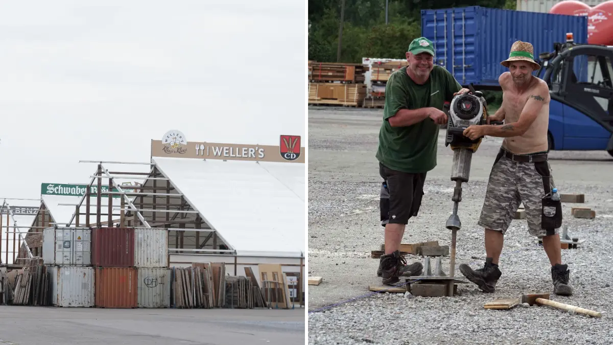Die Festzelte nehmen Gestalt an: Der Aufbau für das 179. Volksfest auf dem Cannstatter Wasen läuft auf Hochtouren.