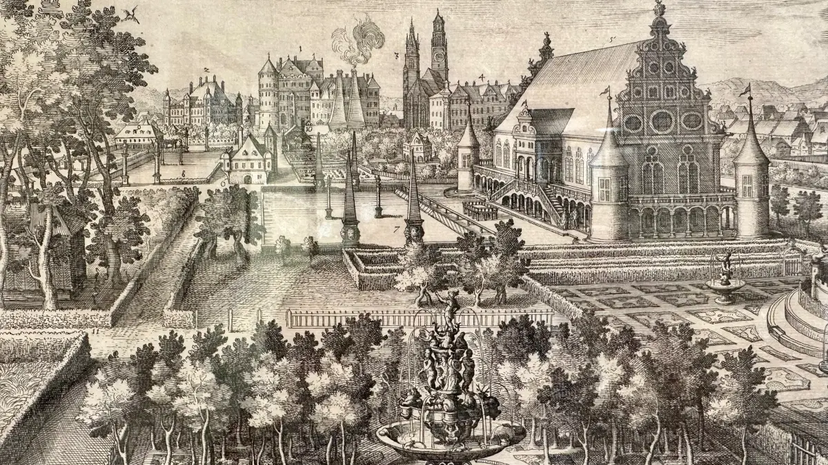 Fürstlicher Lustgarten Stuttgart - ein Kupferstich von Matthäus Merian der Ältere von 1616