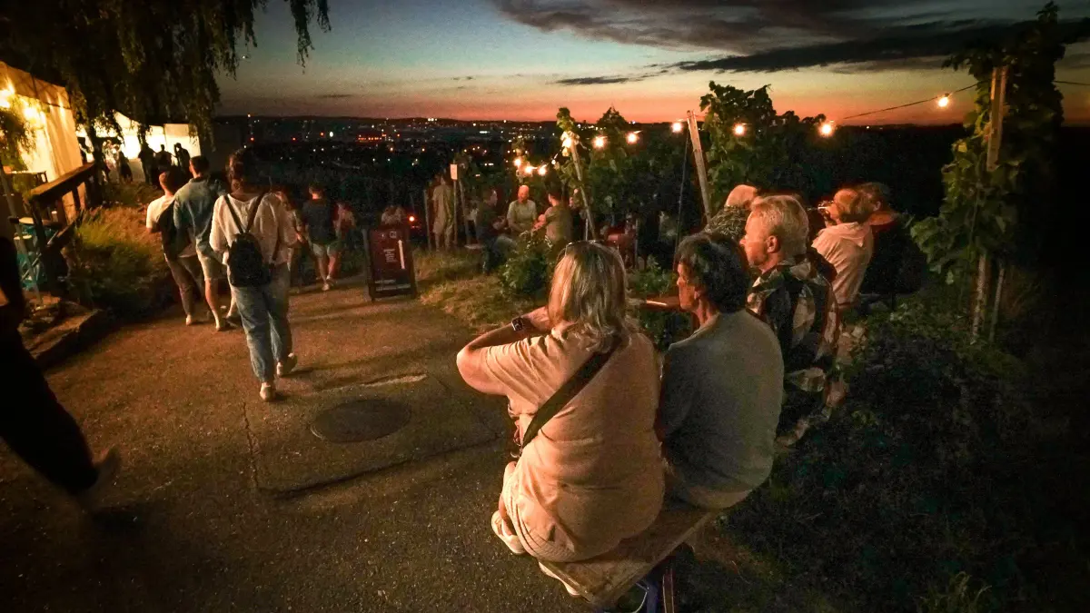 Gastro. Das Collegium Wirtemberg lädt zur Weinmeile. Hunderte Besucher genießen Wein und Sonnenuntergang in den Weinbergen mit Blick auf Stuttgart : Gastro. Das Collegium Wirtemberg lädt zur Weinmeile. Hunderte Besucher genießen Wein und Sonnenuntergang in den Weinbergen mit Blick auf Stuttgart